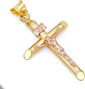 Genuine Real 14K Yellow & Rose Gold Two-Tone Cross Jesus Crucifix Charm Pendant - Picture 1 of 2