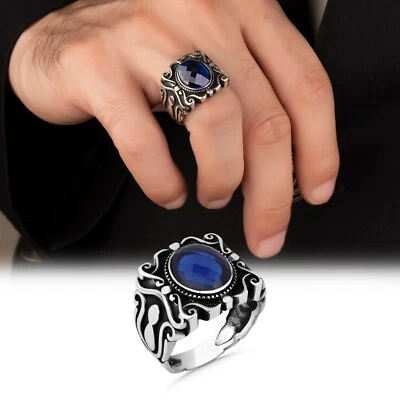 Anillo de plata de ley 925 maciza piedra de circón azul para hombre todas las tallas Foto 1 de 4