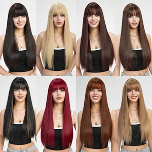 Long Straight Layered Hair Wigs with Bangs for Women Ombre Daily Wig - Picture 1 of 17