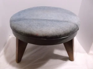 VINTAGE ROUND OTTOMAN -FOOTSTOOL Wood Legs & Blue Denim cover 11" H - Picture 1 of 12