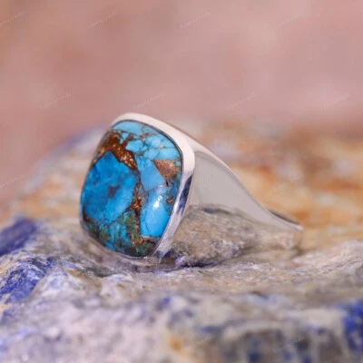Blue Copper Turquoise Men's Ring  925 Sterling Silver Ring Handmade Signet Ring - Image 1 of 4