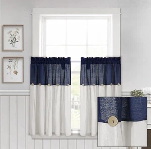 Lush Décor Two Kitchen Tiers Linen Button 29x24in Each Navy - Picture 1 of 11