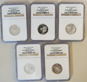 Set of 5 2002 PROOF SILVER STATE QUARTERS NGC PF-69 Ultra Cameo - Picture 1 of 2
