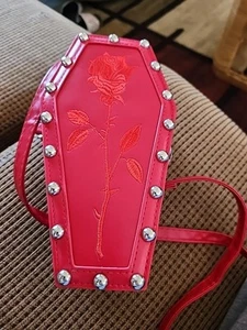 RED Coffin Shaped STUDDED CROSSBODY Purse EMBROIDERED ROSE Bag PUNK GOTH - Picture 1 of 2