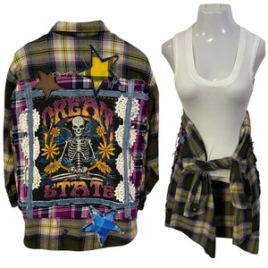 Camisa de Franela Reciclada Cazadora Mujer Grande Esqueleto Grunge Retazos Arte Popular - Imagen 1 de 17