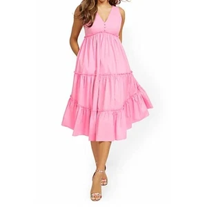 New York & Company Midikleid Rüschen Stufen V-Ausschnitt Rosa Medium - Bild 1 von 3
