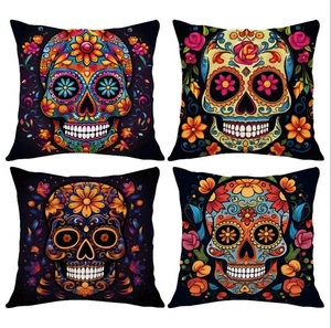 Sugar Skull Pillow Covers Halloween Set Of 4 Zipper Closure COVERS ONLY 18" A - Picture 1 of 6