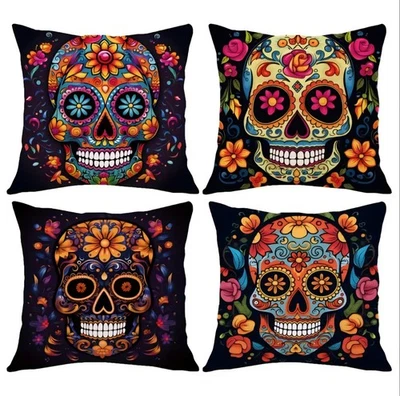 Sugar Skull Pillow Covers Halloween Set Of 4 Zipper Closure COVERS ONLY 18" A - Image 1 of 4