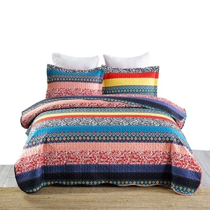 Soft Polyester 3 Pcs Bohemian Striped Multicolor Quilt Bedspread Set - Picture 1 of 34