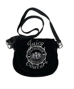 Vintage Juicy Couture Black Velour Crossbody Bag Purse Bow Charm Logo Rare Y2K - Picture 1 of 14