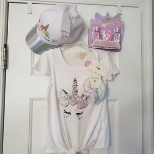 Unicorn Short Sleeve Shirt SZ 6 NWT + Scrunchie, baseball Hat & Hand Hygiene Set - Picture 1 of 7
