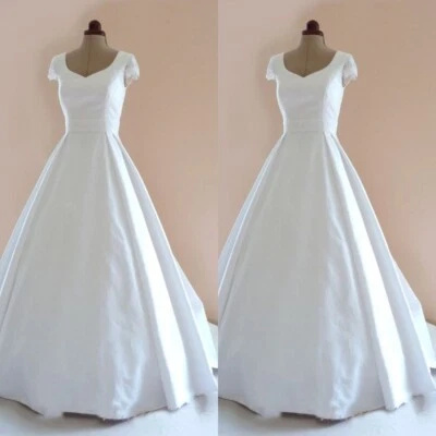 Classic Wedding Dresses Short Sleeves Satin White Ivory A Line Bridal Gowns - Image 1 of 4