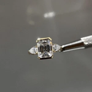 3.50CT E-VS1 Emerald Cut Lab Grown Diamond 3 Stone Wedding Ring 14K Yellow Gold - Picture 1 of 9