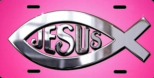Jesus Fisch Ichthys christliches Symbol rosa Farbe Nummernschild Blechschild NEU - Bild 1 von 1