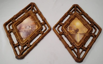 Placas de pared vintage Homco años 70 aspecto bambú boho burwood 2 piezas #3253 13"x 9" Foto 1 de 4