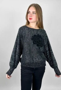 80's Vintage Kadri Ladies Black Silver Lurex Batwing Velvet Applique Jumper - Picture 1 of 7