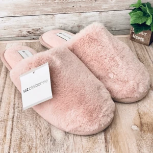 NWT Liz Claiborne slip on Pink furry Soft Indoor Outdoor Plastic Soles Slippers - Picture 1 of 12