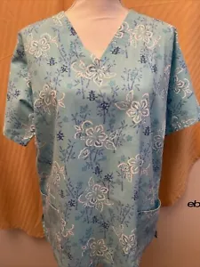 Woman’s Scrub H.Q. Top Blue Asian Print Size Medium - Picture 1 of 7