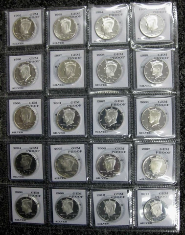 1992-S 1993-S thru 2010-S 2011-S Gem Proof Silver Kennedy Half Dollar 20pc Set Cover