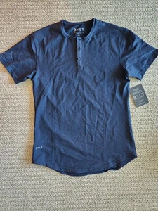 BYLT Drop Cut Henley Short Sleeve Lux Shirt Mens Small Navy Polka Microdot - Picture 1 of 5