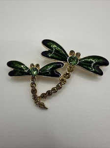 Anne Klein Gold Tone & Green Dragonflies w/Champagne & Green Rhinestones - Picture 1 of 4