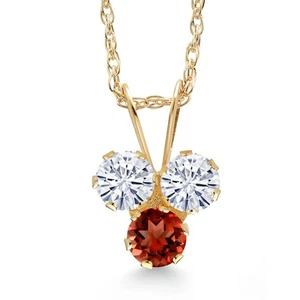 14K Yellow Gold White Moissanite and Garnet 3-Stone Pendant Necklace For Women - Picture 1 of 5