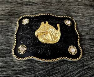 Hufeisen Caballo schwarz vergoldet Western Rodeo Gürtelschnalle Hebilla Vaquera - Bild 1 von 2