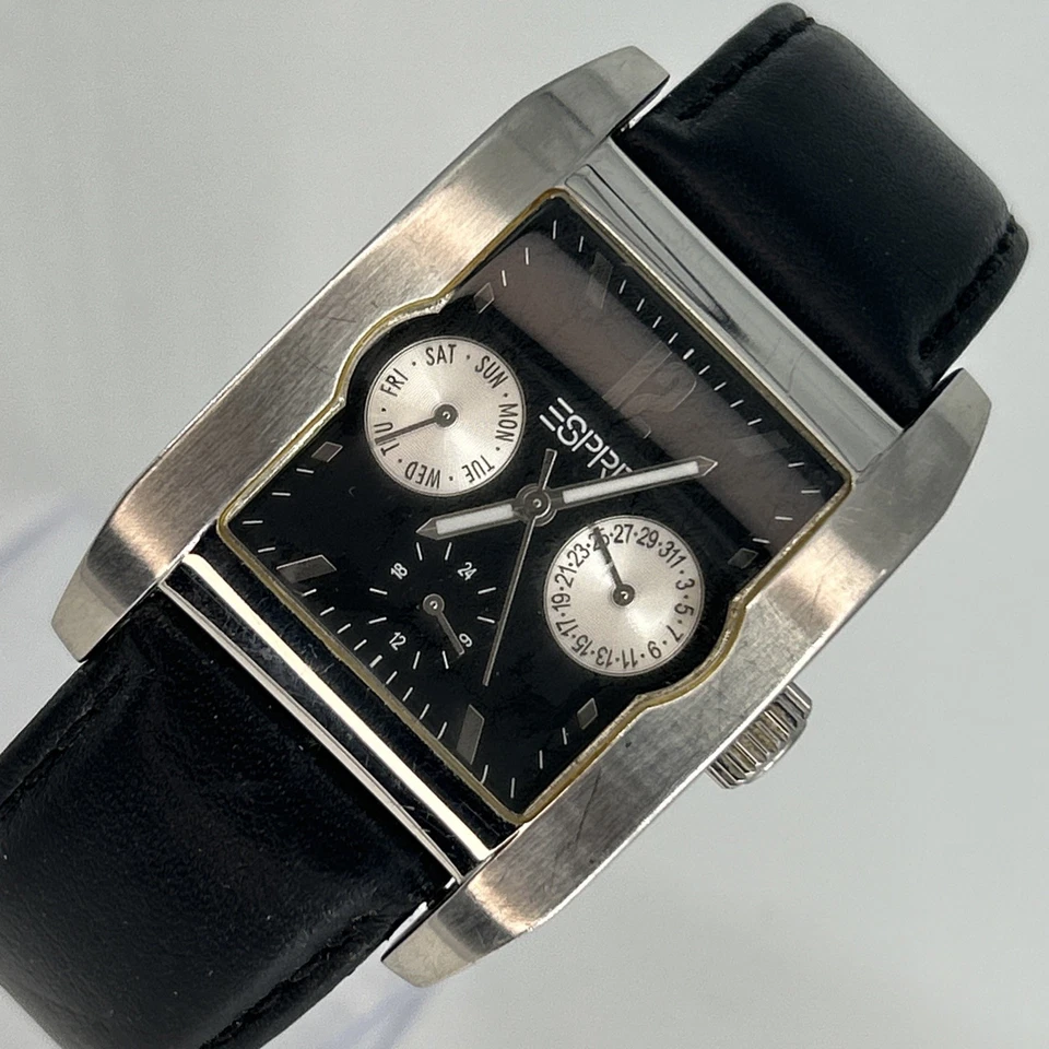 ESPRIT Men's Watch Tank Style Silver Tone Dial Black Leather Band NEW BATTERY - Image 1 of 4