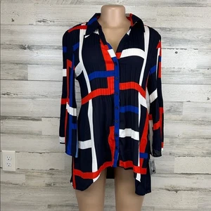 Valerie Stevens Crinkle Plissee Knopfleiste Tunika Bluse Abstrakt Print Gr. M Neu mit Etikett - Bild 1 von 6