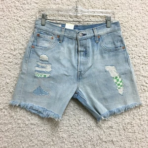 NEW Levis 501 Shorts 30 Womens Blue Premium Denim Distressed Cut Off Button Fly - Picture 1 of 16