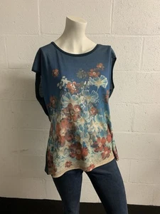 Women's Sleeveless Blouse Size 14 Blue Floral Tank Shirt Vest Top - Picture 1 of 4