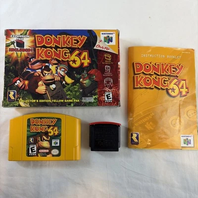 Donkey Kong 64 (Nintendo 64 1999) Yellow Cartridge CIB + Expansion Pak - Image 1 of 4
