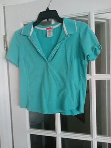 danskin now vintage WOMENS Scuba Blue W/WHITE TRIM POLO SHIRT. size M 8/10 - Picture 1 of 3