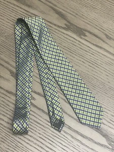 Calvin Klein Mens Slim Necktie Green Gray Check Plaid Silk Polyester Viscose - Picture 1 of 6
