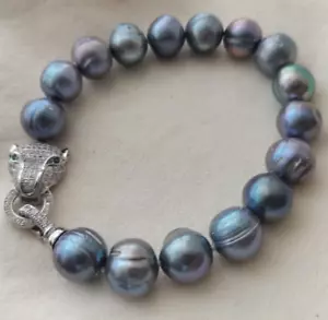 HOT HUGE AAA 11-12MM South Sea Black Pearl Bracelet 7.5-8 Inch 925S - Picture 1 of 4