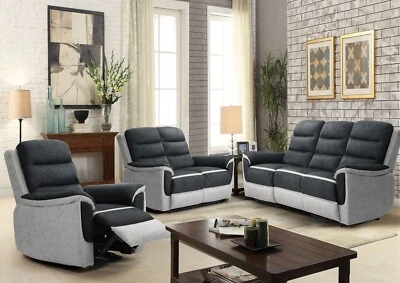 GREY RECLINER SOFA SET TWO TONE FABRIC ARMCHAIR 2 SEATER 3 SEATER SOFAS SETTEE