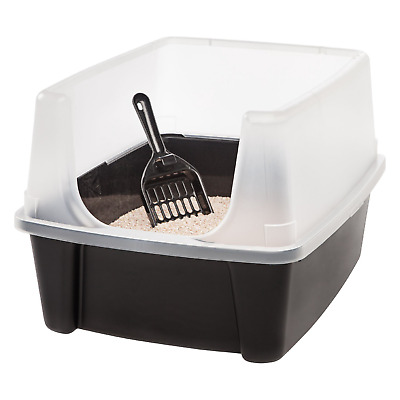 Open-Top IRIS USA Cat Litter Box With Shield And Scoop Enclosed Kitty Pan, Black • 16.49$
