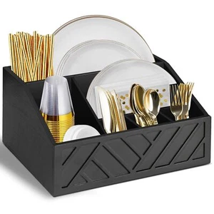 Paper Plate Dispenser Paper Plate Holder for Kitchen Counter Wood Rustic Silv... - Picture 1 of 7