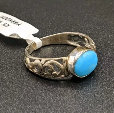 Anillo Turquesa Plata de Ley 925 STS Talla 8.5 Ornamentado Estilo Bali Boho  Foto 1 de 4