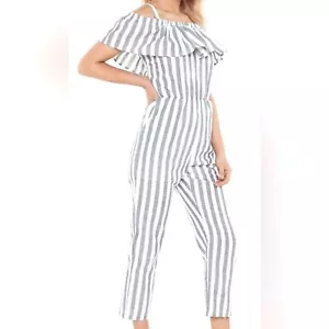 Sweewë Striped Ruffle Off Shoulder Jumpsuit Size S - Picture 1 of 9