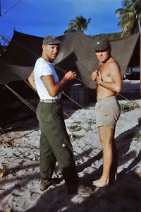 Original 1950's Slide, Two Military Buddies / Beach / Tents / Palm trees - Picture 1 of 1