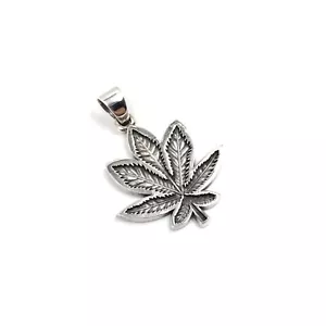 Ciondolo in argento 925 foglia di erba 4,4 cm gioiello massiccio ganja marijuana foglia canapa - Foto 1 di 10