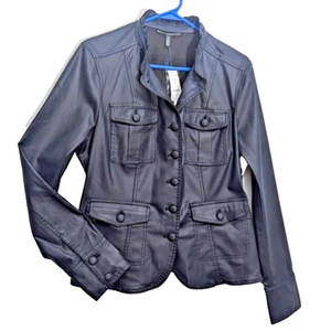 WHBM $180 NAVY Coated Denim Military Jacket Officer Blue Stretchy WASHABLE 14/12 - Picture 1 of 10