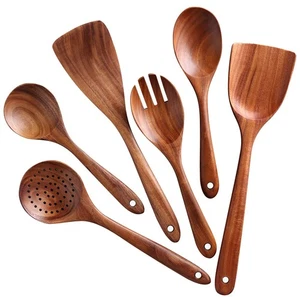 Wooden Spoons for Cooking, 6 Pcs Wooden Utensils for Cooking, Natural Teak Wo... - Picture 1 of 8