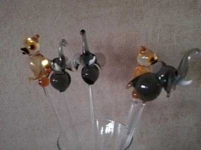 5 Cocktail Spießer / Picker aus Glas, Elefant & Eule - Bild 1 von 4