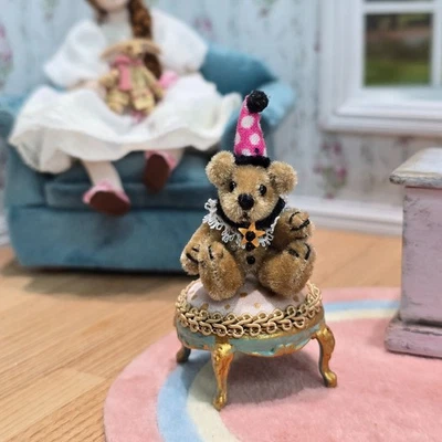 Dollhouse Miniature Mohair Jointed Toy Birthday Teddy Bear With Party Hat - Image 1 of 4