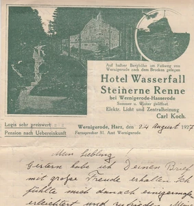 GERMANY Old Rare Letterhead HOTEL WASSERFALL STEINERNE RENNE 1927 - Picture 1 of 2