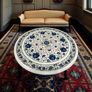 Handcrafted White Marble Coffee Table – Lapis Stone Inlay Design - Picture 1 of 7