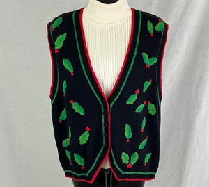 Bechamel Christmas Vest Womens Extra Large Black Red Green Holly Cotton Ramie - Picture 1 of 3