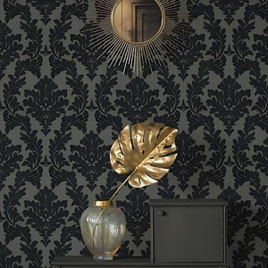 Flocking wallcovering taupe gray black Flocked Victorian damask velvet Wallpaper - Picture 1 of 16